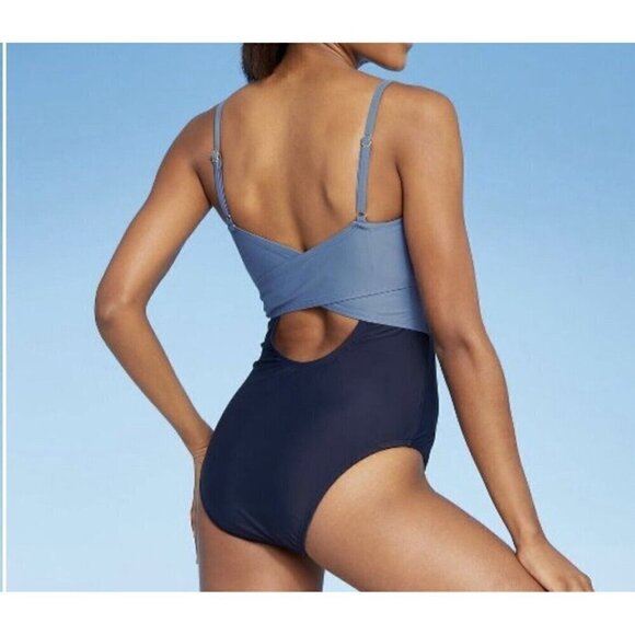 Kona Sol Two-Tone Blue Color Block 1-piece Womens XL Criss Cross Back Swimsuit - Picture 4 of 9